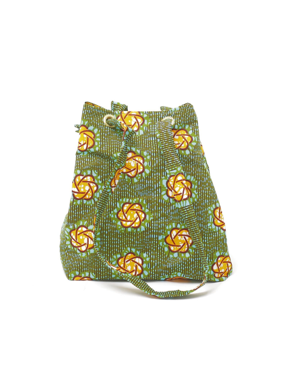 Vista de frente del bolso de algodón con tela africana verde.