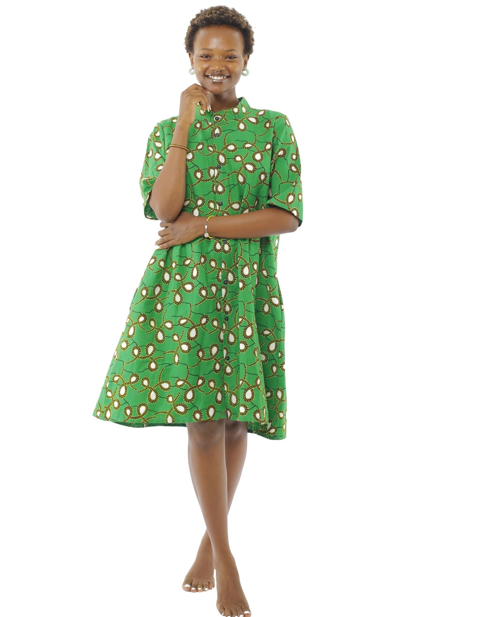 Vestido de algodón con tela africana color verde.